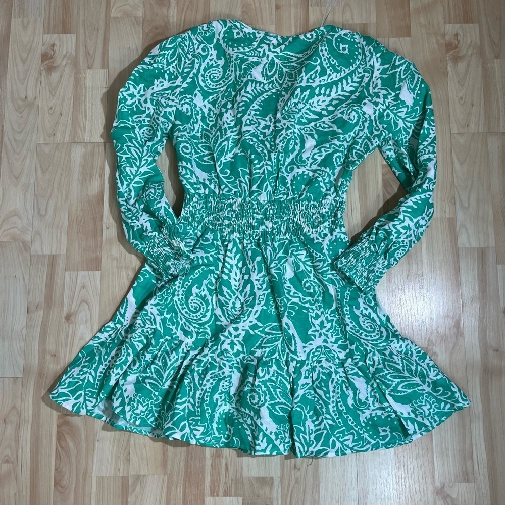 Zara Green & White PRINTED LINEN BLEND MINI Long Sleeve DRESS Size Small - Picture 8 of 8